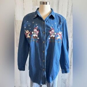 Vintage‎ Snowman Denim Shirt large Embroidered Holiday Button-Up Christmas